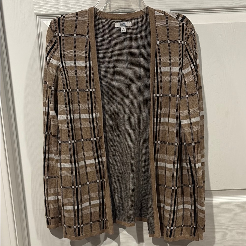 croft & barrow Tan Plaid Open-Front Cardigan with White & Black Accents